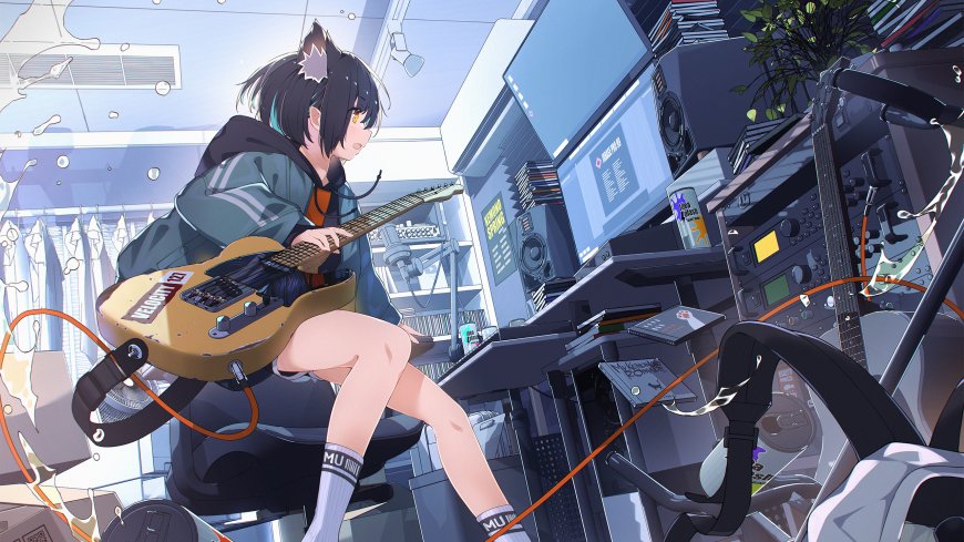 《明日方舟》同人插画六星近卫干员羽毛笔黑发猫耳少女弹奏电吉他蓝灰动漫电脑壁纸