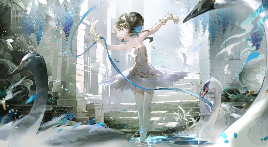 芭蕾舞少女蓝丝带环绕天鹅古堡蓝白梦幻动漫电脑壁纸