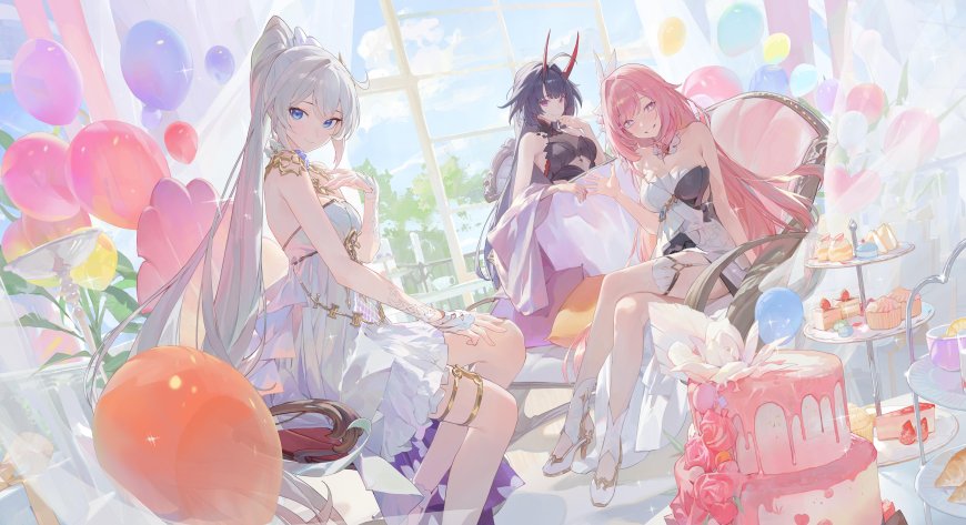 崩坏3三位少女茶会派对粉紫梦幻动漫电脑壁纸