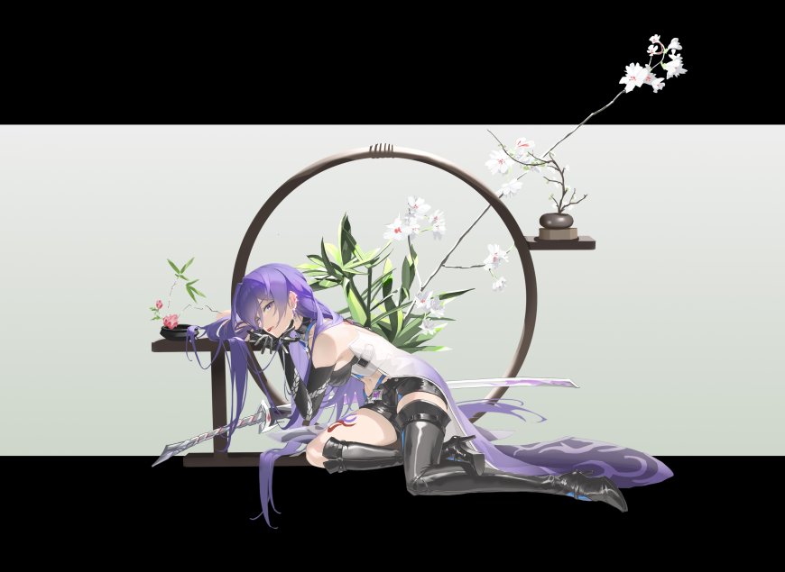 崩坏星穹铁道黄泉紫发持剑侧卧白花环绕古风动漫电脑壁纸