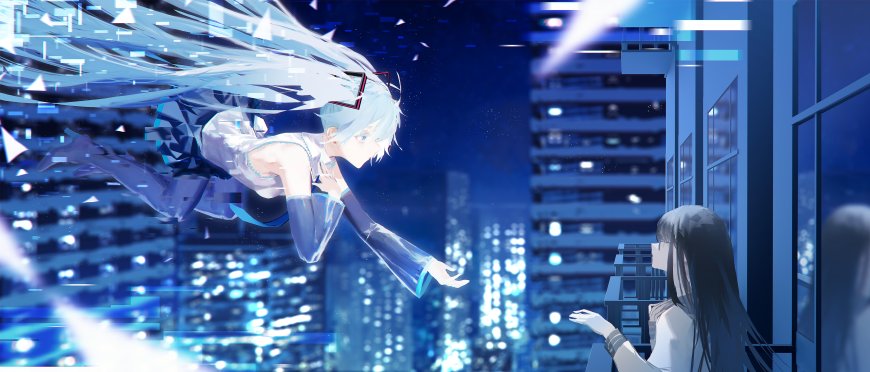 初音未来蓝发飞舞数字粒子夜景都市动漫电脑壁纸