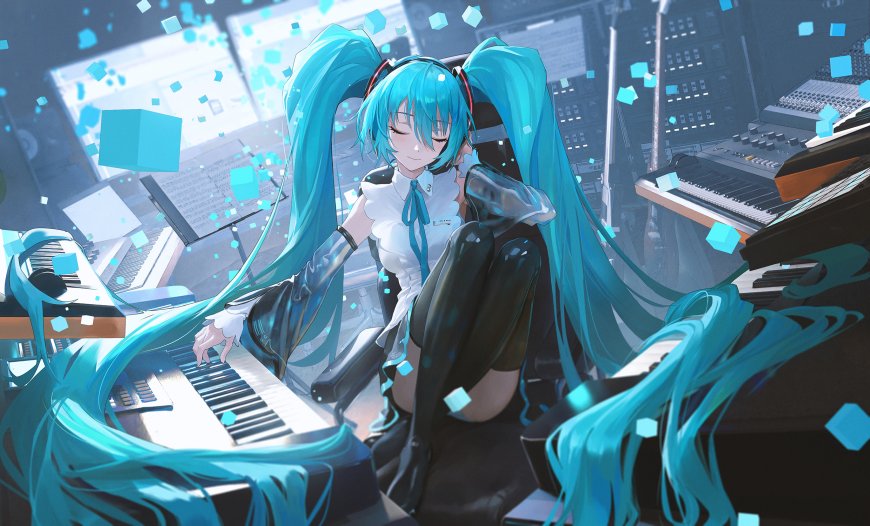 初音未来蓝发双马尾弹奏电子琴青蓝科幻动漫电脑壁纸