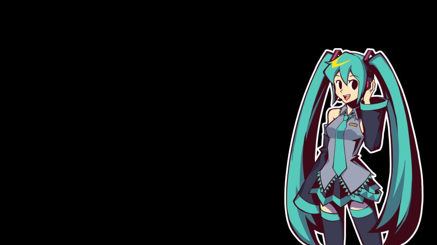 初音未来青绿双马尾少女微笑侧身黑底动漫电脑壁纸