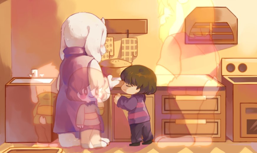 传说之下雪莉和弗里斯克温馨厨房场景暖橙动漫电脑壁纸