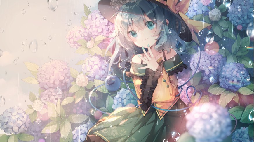 动漫少女雨中绣球花环绕蓝绿发色粉紫色调唯美插画电脑壁纸