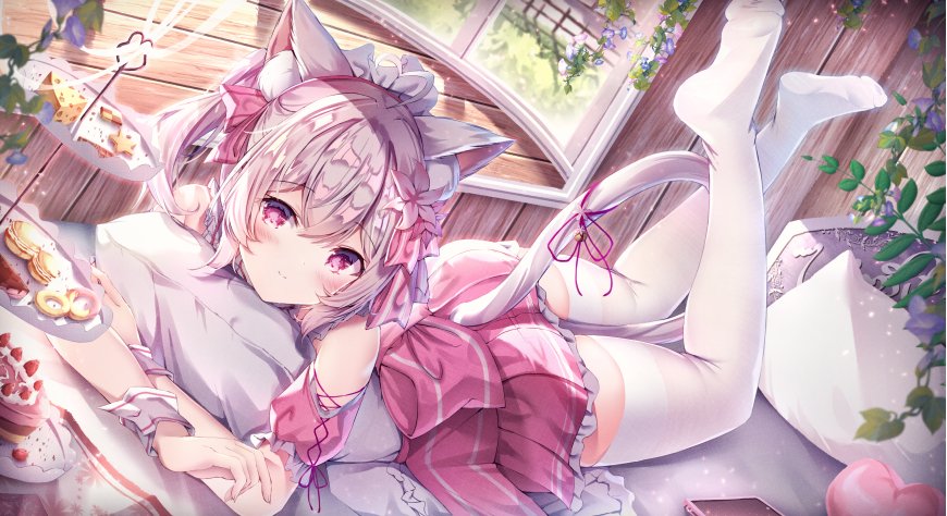 粉发猫耳少女躺卧甜点环绕粉紫动漫电脑壁纸