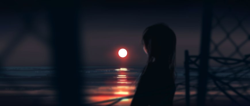 海边夕阳下长发少女剪影暗紫唯美动漫电脑壁纸