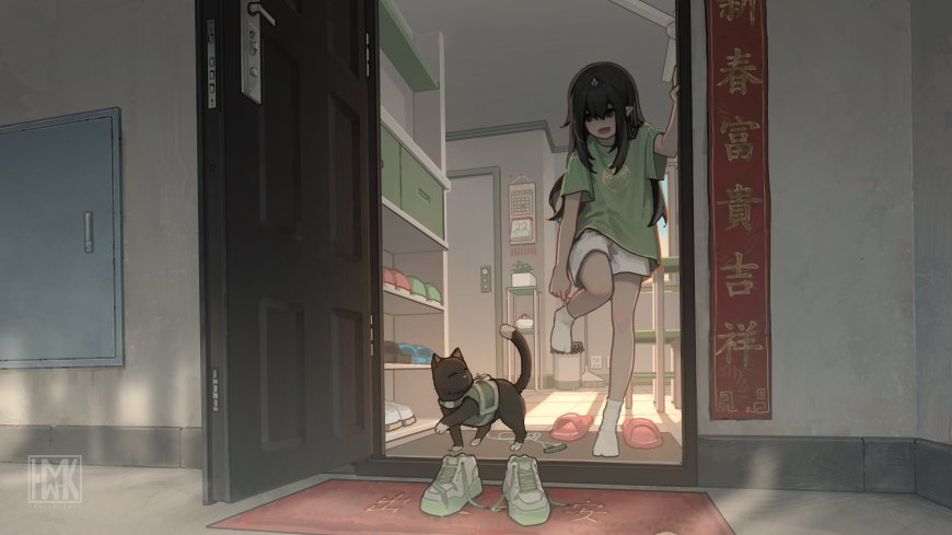 黑发少女开门换鞋绿衣短裤温馨室内场景动漫电脑壁纸