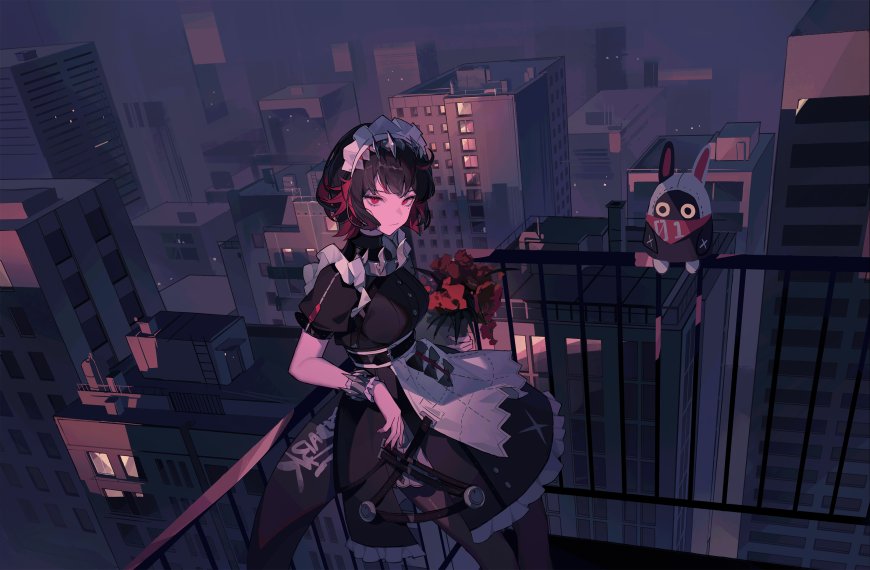 绝区零艾莲乔黑红女仆装夜景都市紫灰动漫电脑壁纸