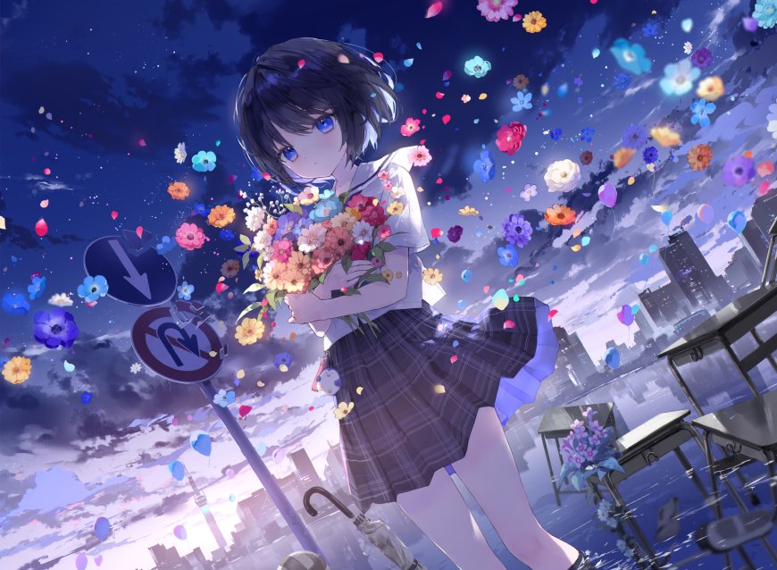 蓝眼黑发少女怀抱花束花瓣飞舞紫蓝梦幻动漫电脑壁纸