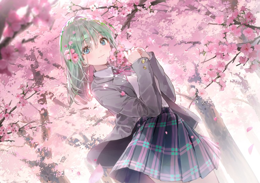 绿发蓝眼少女捧樱微笑粉紫樱花动漫电脑壁纸