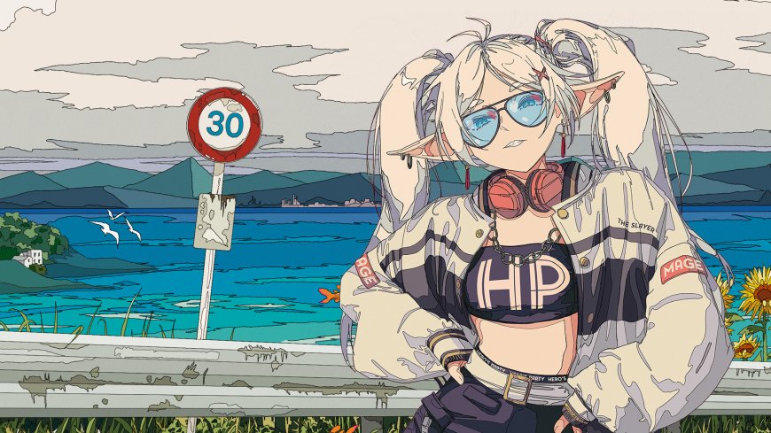 赛博风格银发精灵耳少女戴墨镜穿夹克蓝海背景粉紫动漫电脑壁纸