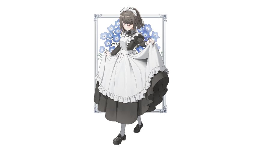 少女女仆装蓝花背景灰白配色唯美动漫电脑壁纸