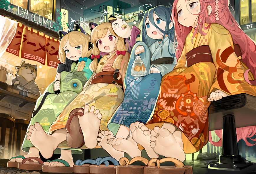 四名和服少女夜市街边赤足坐凳粉紫暖光动漫电脑壁纸