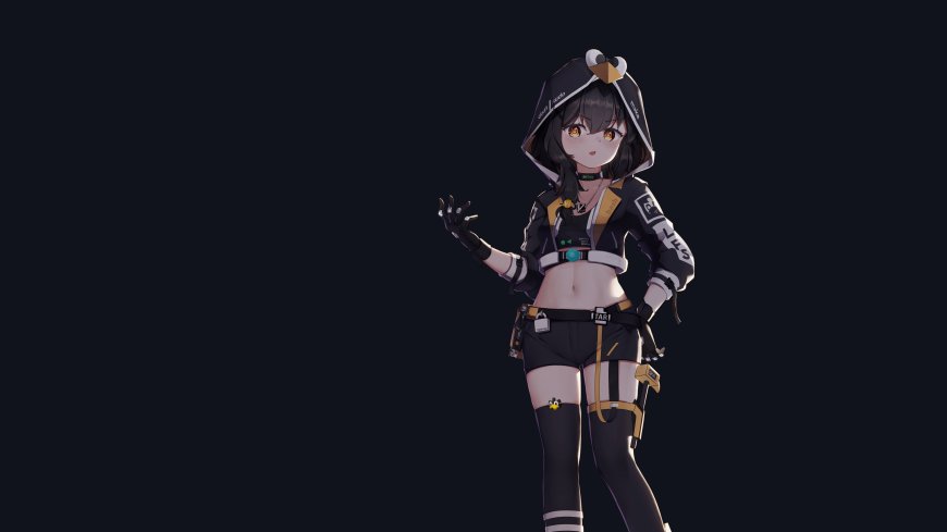 虚拟主播Arch Linux 娘黑衣兜帽少女橙瞳手势暗黑动漫电脑壁纸