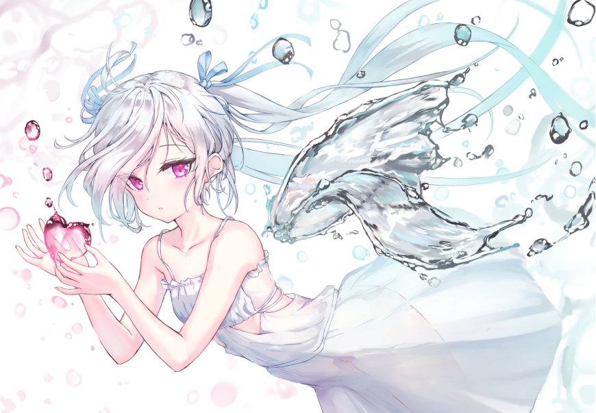 银发粉瞳少女捧心水花飞溅蓝白梦幻动漫电脑壁纸