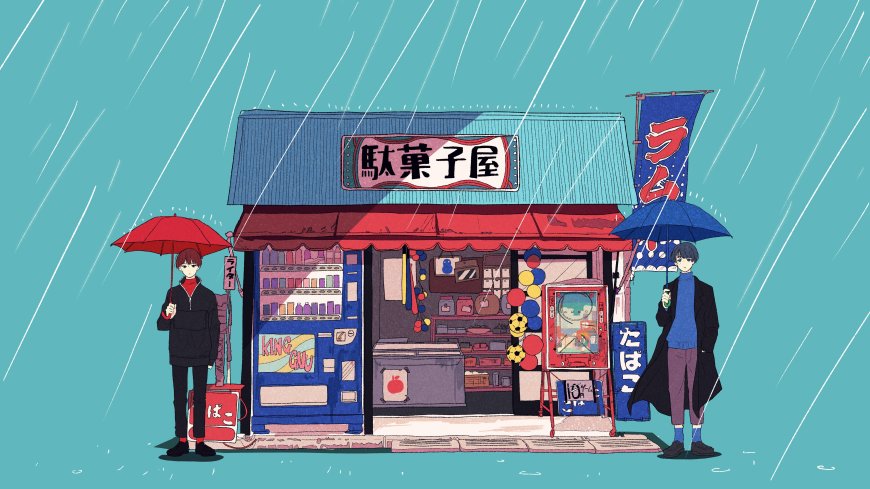 雨中駄菓子屋门前红伞蓝伞少年伫立青蓝动漫电脑壁纸