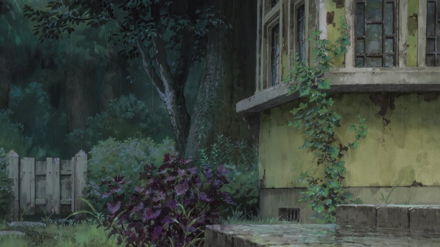 雨中老屋藤蔓爬墙绿意盎然暗绿二次元插画电脑壁纸