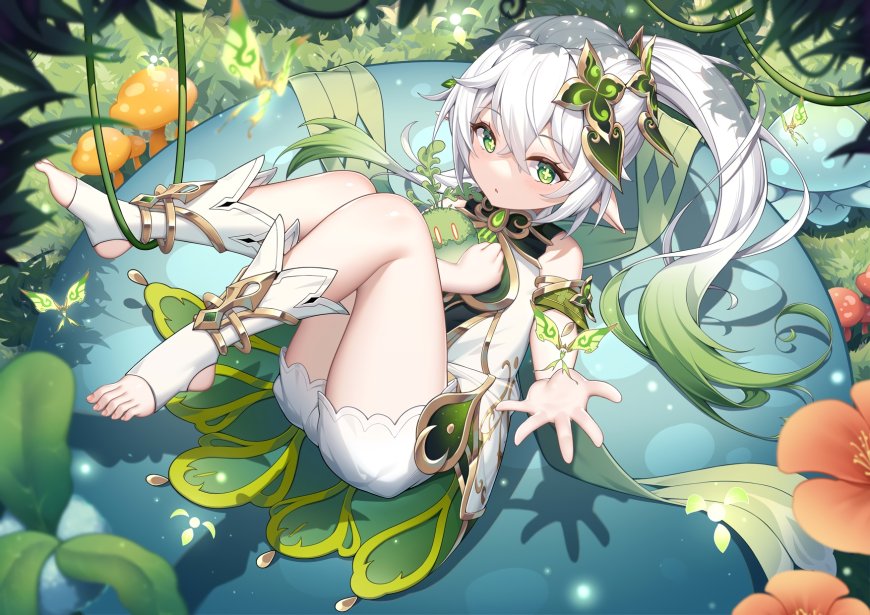 原神纳西妲白发绿瞳精灵少女躺卧森林湖面青绿奇幻动漫电脑壁纸