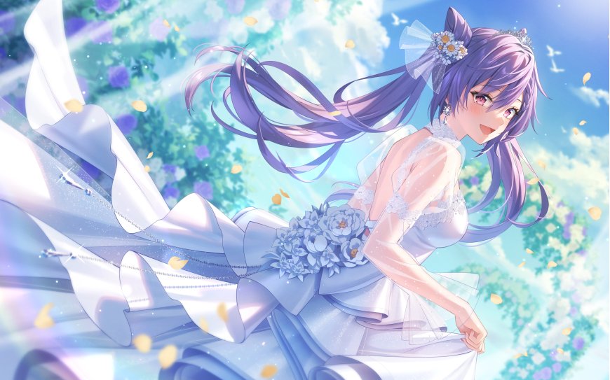 紫发少女白纱婚纱手持蓝花束粉紫梦幻动漫电脑壁纸