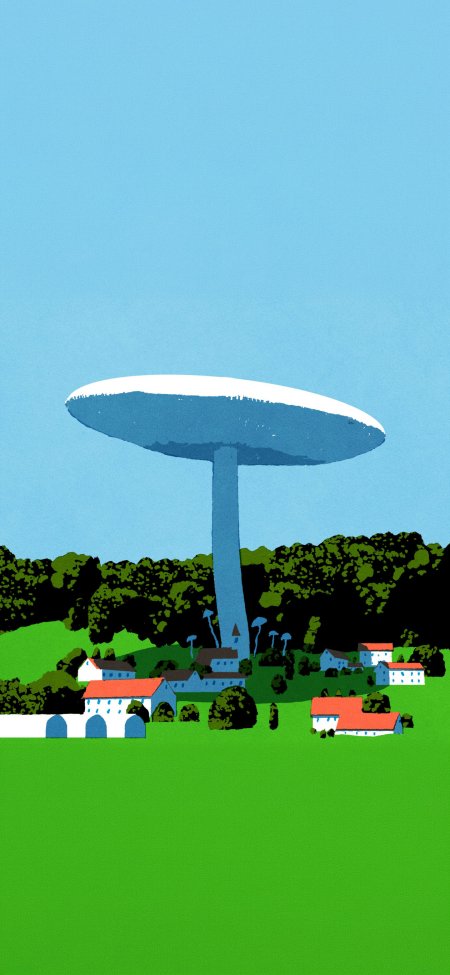 巨型蘑菇矗立绿野村庄旁蓝白清新插画风创意手机壁纸