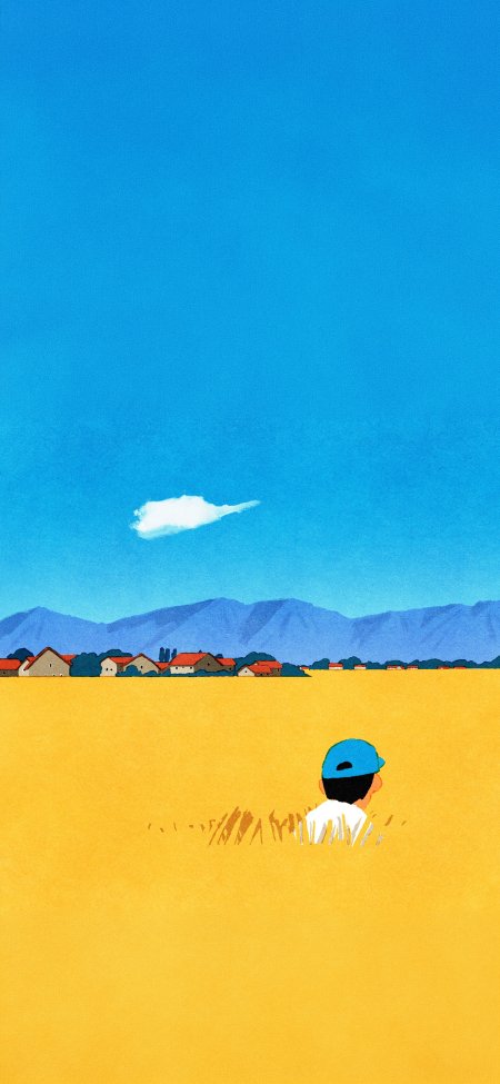 金黄麦田中戴蓝帽男孩远望村庄山峦蓝白清新插画创意手机壁纸