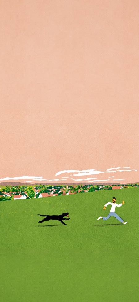 男子与黑犬草原追逐奔跑绿粉插画动漫手机壁纸