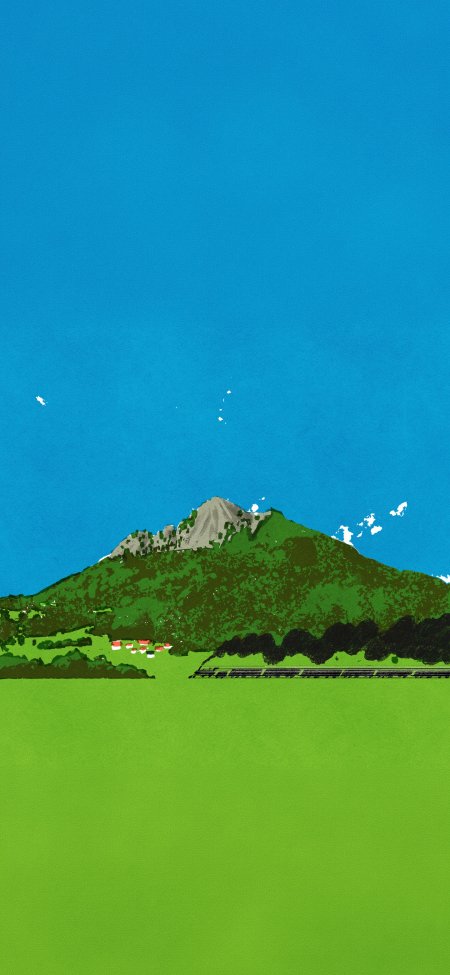 青翠山峦白屋点缀蓝空绿野插画手机壁纸