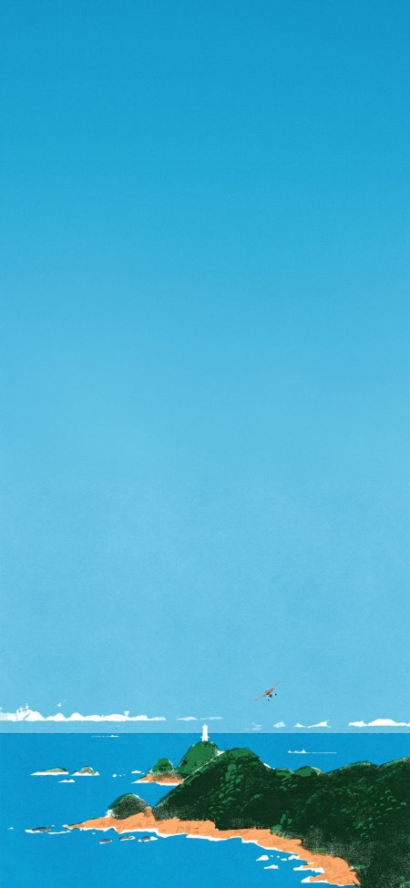 海岛灯塔红机翱翔蓝绿插画动漫手机壁纸