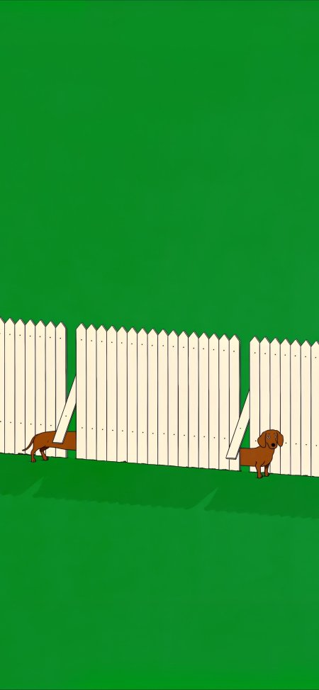 腊肠犬穿栅栏缝隙绿草地卡通插画手机壁纸