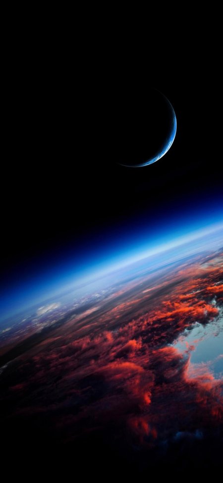 地球弧线与月牙悬于深空蓝红渐变云层太空科幻手机壁纸