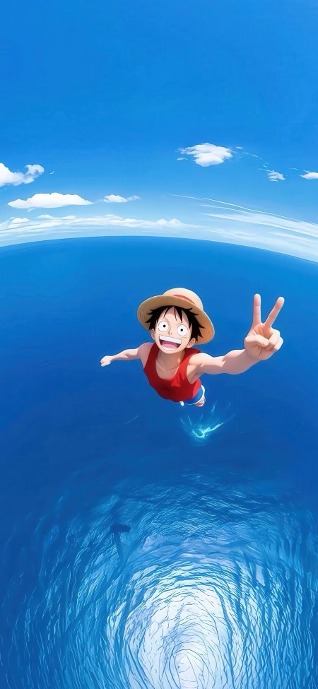 海贼王路飞红衣草帽比耶微笑蓝海动漫手机壁纸