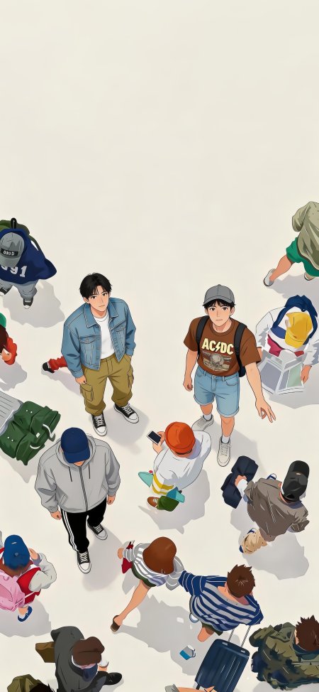 动漫少年群像街头俯视视角清新日常插画手机壁纸