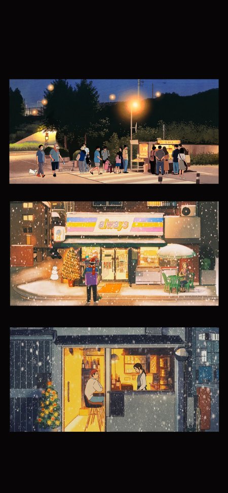 冬夜街景暖黄灯光下行人与便利店雪中温馨场景二次元插画手机壁纸