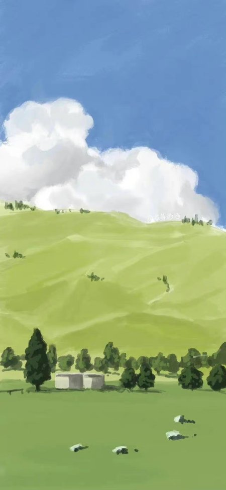 青翠山丘白云飘浮绿野小屋静谧插画手机壁纸