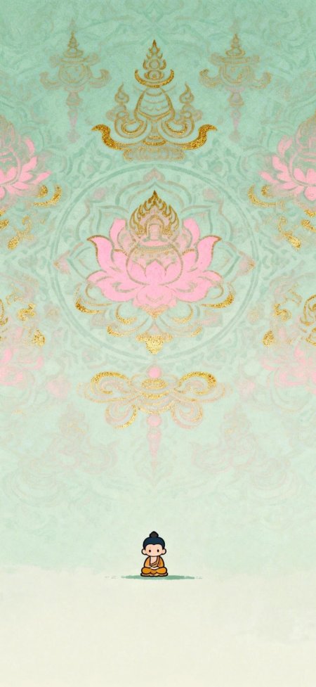 莲花佛像金纹环绕粉绿禅意古风手机壁纸
