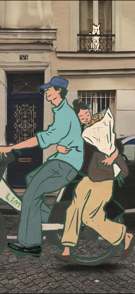 街头情侣骑车送花温馨插画暖褐创意手机壁纸