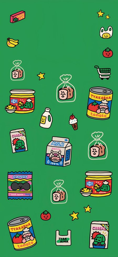 可爱卡通食品杂货铺绿色背景插画创意手机壁纸