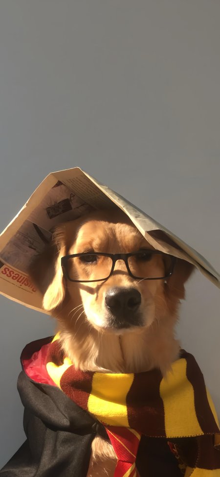 金毛犬戴黑框眼镜披哈迷围巾报纸帽暖光萌宠手机壁纸