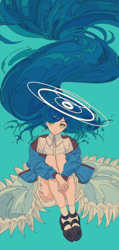 蓝发黄瞳少女坐于鳞甲生物之上青蓝漩涡背景动漫手机壁纸
