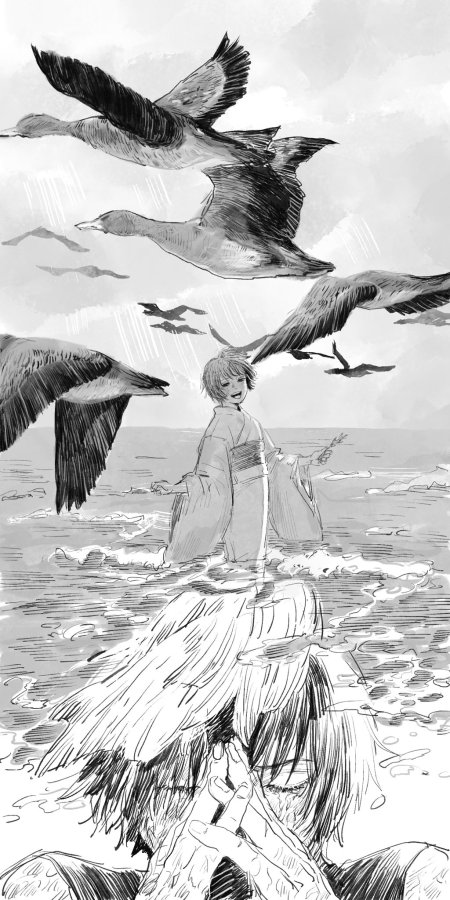 海边飞鸟雨中少女黑白水墨风格插画手机壁纸