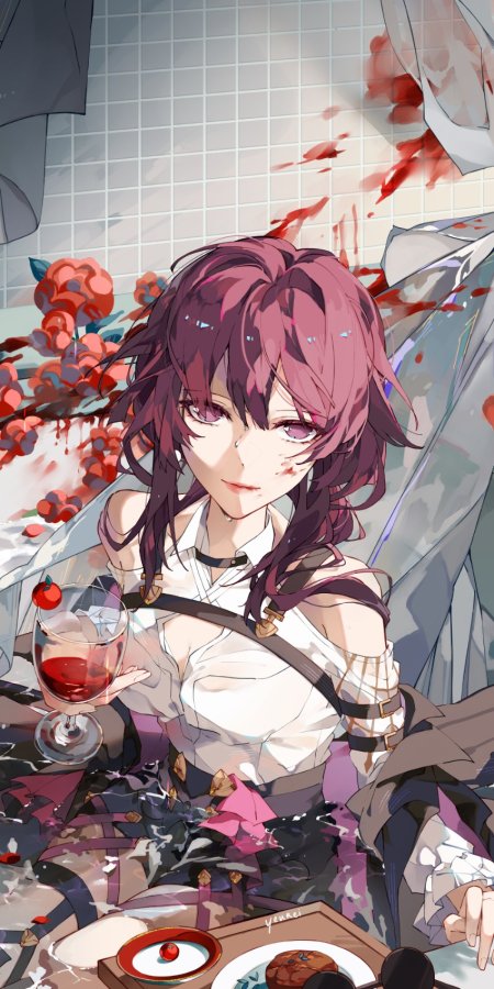 崩坏星穹铁道卡芙卡紫发血迹少女手持红酒杯暗红唯美动漫手机壁纸