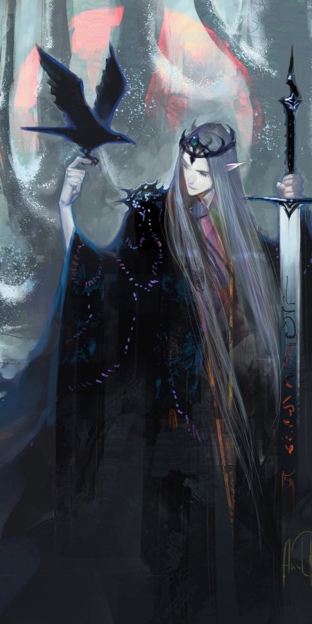 精灵少女持剑托鸦暗紫奇幻动漫手机壁纸
