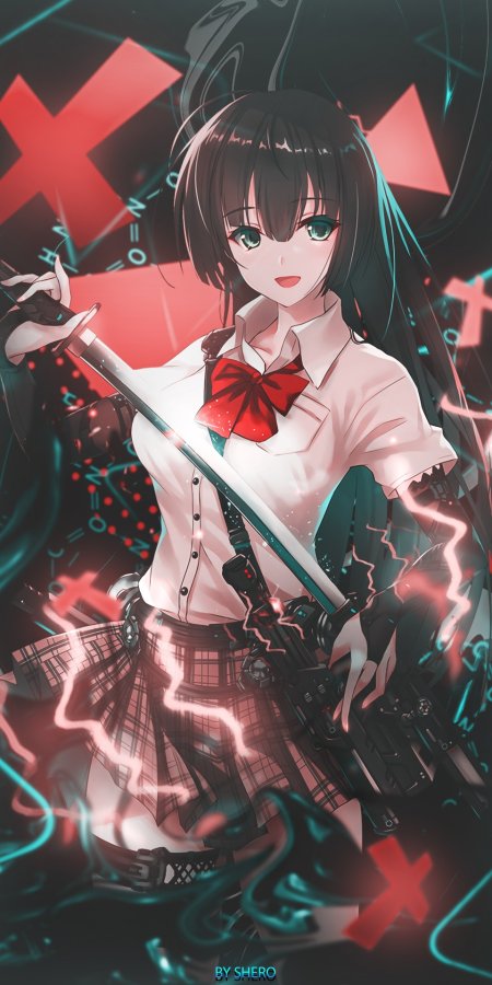 黑发绿眼少女持剑握枪红蓝电光特效动漫手机壁纸