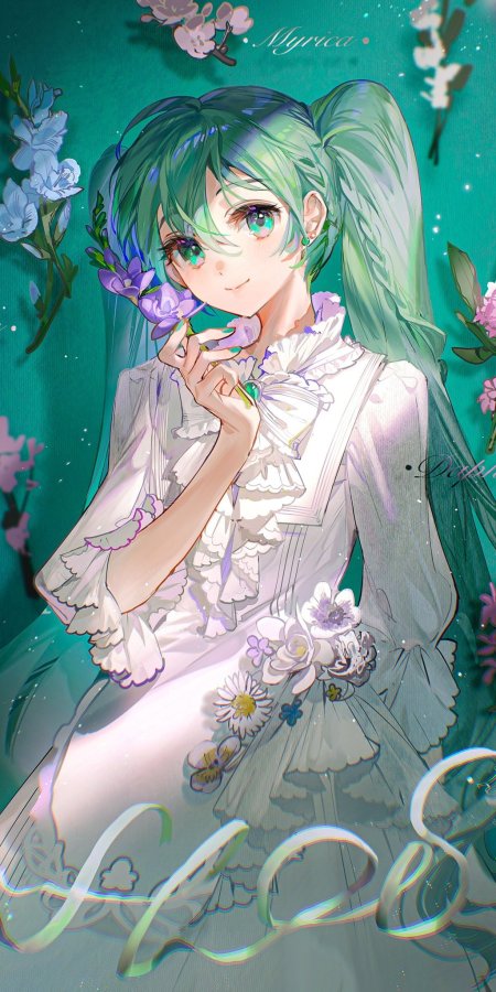 初音未来绿发双马尾手持紫花白裙蕾丝动漫手机壁纸