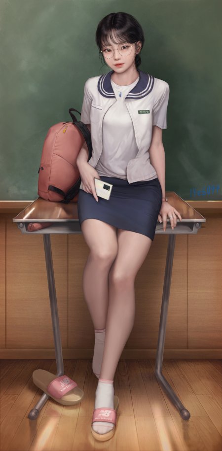 戴眼镜黑发少女校服坐课桌粉蓝清新动漫手机壁纸