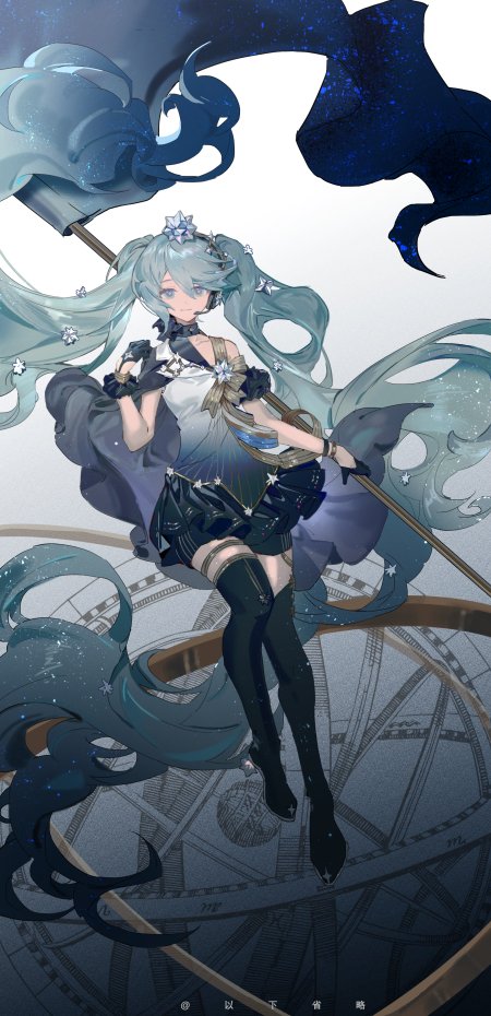 初音未来星尘蓝发双马尾少女持杖飘逸蓝紫幻想动漫手机壁纸