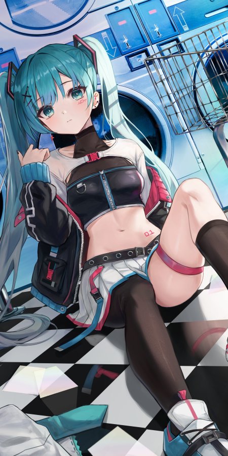 初音未来蓝发双马尾洗衣房场景粉蓝动漫手机壁纸