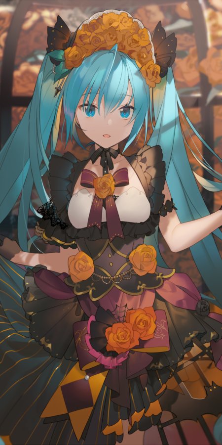 初音未来橙玫瑰洛丽塔装扮蓝发少女动漫手机壁纸