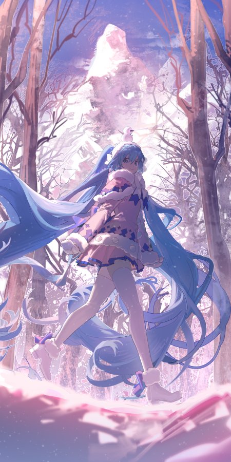 初音未来雪林蓝发少女粉紫梦幻动漫手机壁纸